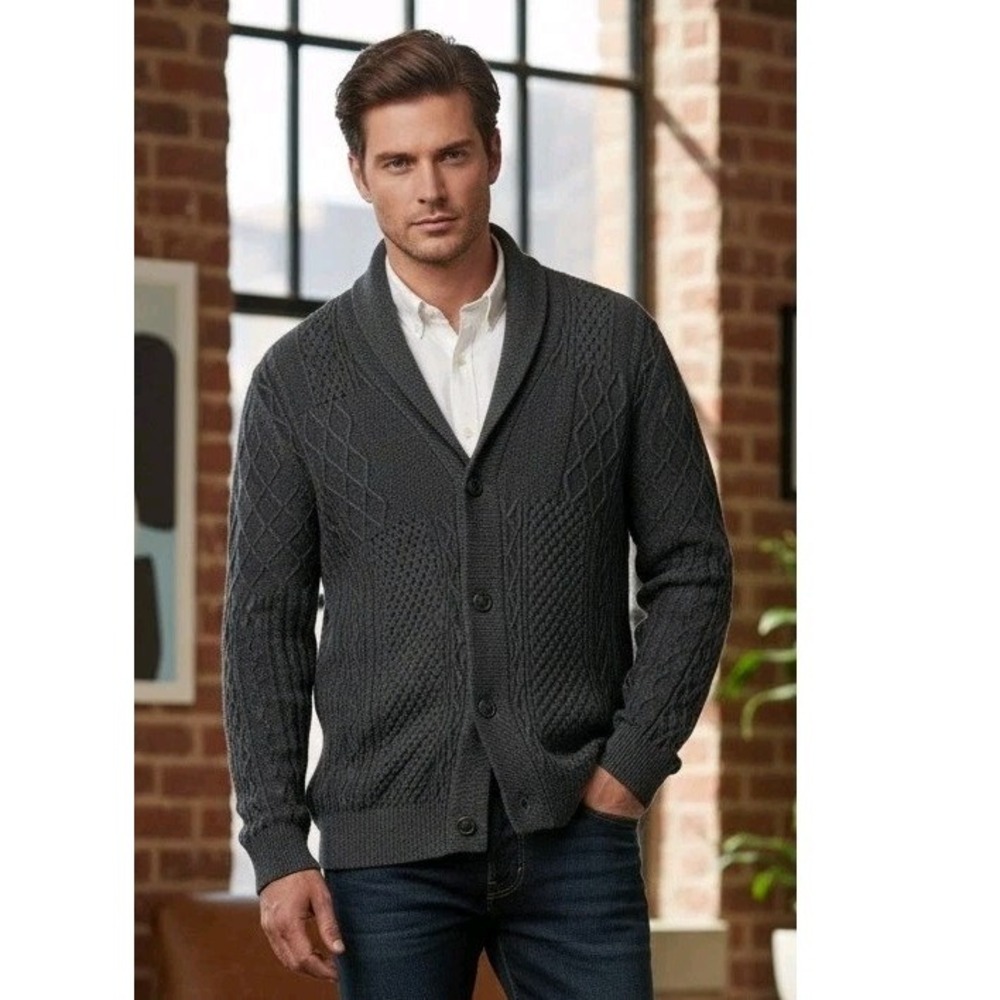 J Ferrar Cardigan Sweater Men's Size XL Gray Shawl Collar Cable Knit Grandpacore